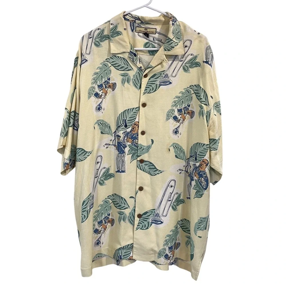 Tommy‎ Bahama Mens Large 100% Silk Jazz Musician Tropical Leaf Button Down Shirt